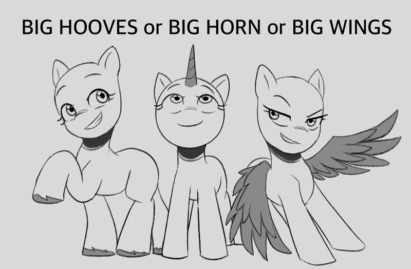 Size: 1945x1273 | Tagged: safe, artist:maren, derpibooru import, earth pony, pegasus, unicorn, comparison, gray background, hooves, horn, image, jpeg, simple background, wings