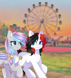 Size: 1475x1618 | Tagged: safe, artist:freyamilk, derpibooru import, oc, oc:dreamyway skies, oc:starforce fireline, unofficial characters only, bat pony, pony, unicorn, amusement park, bat pony oc, bat wings, commission, date, dating, ear fluff, ear tufts, eyelashes, female, ferris wheel, hair accessory, horn, image, looking at each other, looking at someone, mare, oc x oc, park, png, shipping, smiling, summer, sunset, unicorn oc, walking, wings, ych result