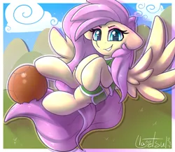 Size: 1083x940 | Tagged: safe, artist:llametsul, derpibooru import, fluttershy, pegasus, pony, atg 2023, buckball, colored, confident, female, flying, image, mare, newbie artist training grounds, png, prehensile tail, signature, solo, spread wings, tail, wings