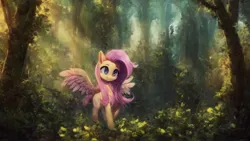 Size: 1920x1080 | Tagged: safe, derpibooru import, machine learning generated, stable diffusion, fluttershy, ai content, blue eyes, c:, cute, forest, forest background, generator:pony diffusion v4, image, jpeg, looking at you, prompter:marusame, raised hoof, smiling, solo, spread wings, tree, wings
