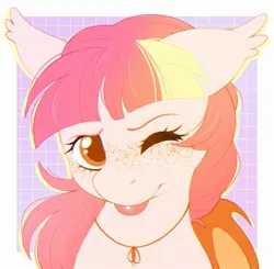 Size: 1991x1948 | Tagged: safe, artist:adostume, derpibooru import, oc, oc:peachy pop, unofficial characters only, bat pony, pony, bust, cute, eyebrows, female, floppy ears, freckles, image, jpeg, looking at you, mare, one eye closed, piercing, portrait, simple background, smiling, solo, solo female, tongue out, tongue piercing, wings, wink, winking at you