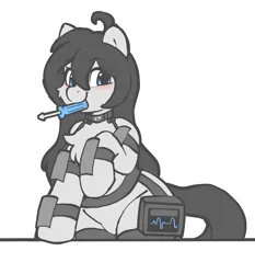 Size: 5184x5560 | Tagged: safe, artist:stablegrass, derpibooru import, oc, oc:milly, earth pony, pony, semi-anthro, ahoge, bipedal, chest fluff, exosuit, eye clipping through hair, female, heart monitor, image, mare, png, screwdriver