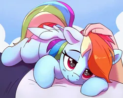 Size: 2010x1600 | Tagged: safe, artist:pabbley, derpibooru import, rainbow dash, human, pegasus, pony, cloud, comfy, cuddling, cute, dashabetes, female, floppy ears, hand on head, head pat, human on pony snuggling, image, jpeg, looking at you, mare, offscreen character, pabbley is trying to murder us, pat, petting, pov, smiling, smiling at you, snuggling, solo focus
