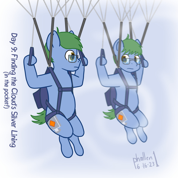 Size: 1200x1200 | Tagged: safe, artist:phallen1, derpibooru import, oc, oc:software patch, unofficial characters only, pony, atg 2023, cloud, image, jpeg, male, newbie artist training grounds, parachute, reflection, skydiving, solo, solo male