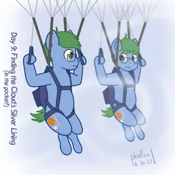 Size: 1200x1200 | Tagged: safe, artist:phallen1, derpibooru import, oc, oc:software patch, unofficial characters only, pony, atg 2023, cloud, image, jpeg, male, newbie artist training grounds, parachute, reflection, skydiving, solo, solo male