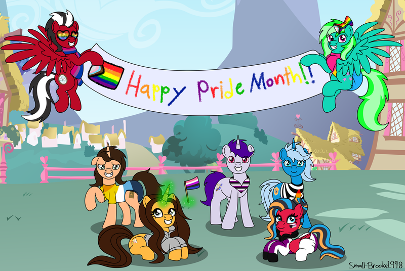 Size: 4224x2828 | Tagged: safe, artist:lynnthenerdkitty, derpibooru import, oc, oc:brooke, oc:sirius canis major, oc:small brooke, oc:starshine twinkle, pegasus, pony, unicorn, bandana, chromia, clothes, diaper, gay pride, group photo, image, non baby in diaper, onesie, png, pride, pride month, scarf, shatter (transformers), transformers, windblade