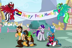 Size: 4224x2828 | Tagged: safe, artist:lynnthenerdkitty, derpibooru import, oc, oc:brooke, oc:sirius canis major, oc:small brooke, oc:starshine twinkle, pegasus, pony, unicorn, bandana, chromia, clothes, diaper, gay pride, group photo, image, non baby in diaper, onesie, png, pride, pride month, scarf, shatter (transformers), transformers, windblade