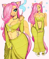 Size: 1000x1200 | Tagged: suggestive, artist:thecurlydemon, derpibooru import, fluttershy, anthro, pegasus, belly button, big breasts, breasts, busty fluttershy, cleavage, clothes, eyes closed, female, hair over one eye, image, jewelry, looking at you, necklace, png, simple background, smiling, smiling at you, solo, solo female, white background, wide hips