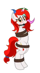 Size: 1972x3535 | Tagged: suggestive, artist:equestria secret guard, artist:radiantrealm, derpibooru import, oc, oc:shallow light, unofficial characters only, pony, arm behind back, belly button, blushing, bondage, female, gag, helpless, horn, horn ring, image, jewelry, magic suppression, mare, png, ring, rope, rope bondage, sexy, simple background, tied up, transparent background