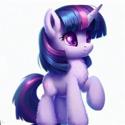Size: 1024x1024 | Tagged: safe, derpibooru import, machine learning generated, twilight sparkle, fluffy pony, pony, unicorn, ai content, anime eyes, chest fluff, cute, detailed, detailed hair, ear fluff, fluffy, full body, fur, generator:dall-e 2, horn, image, jpeg, raised leg, simple background, smiling, solo, twiabetes, white background