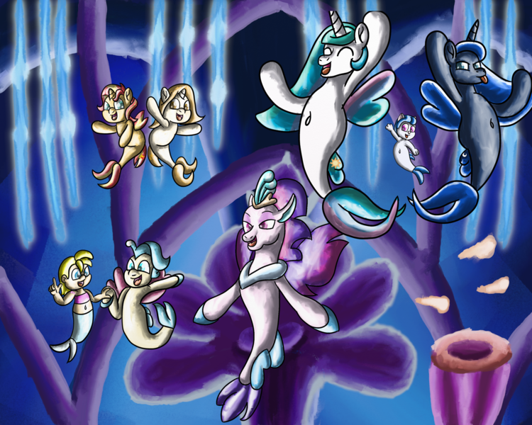 Size: 3000x2400 | Tagged: safe, artist:saburodaimando, derpibooru import, princess celestia, princess luna, princess skystar, queen novo, sunset shimmer, oc, alicorn, pony, seapony (g4), unicorn, my little pony: the movie, absurd resolution, belly button, blue eyes, blue mane, collar, coral, crown, digital art, dorsal fin, eyelashes, eyes closed, female, fin, fin wings, fins, fish tail, flowing mane, flowing tail, happy, horn, image, jewelry, lidded eyes, looking at each other, looking at someone, mare, ocean, open mouth, open smile, party, png, purple eyes, regalia, royal sisters, seaponified, seapony celestia, seapony luna, seapony sunset, seaquestria, siblings, sisters, smiling, smiling at each other, species swap, spread wings, swimming, tail, throne, throne room, underwater, water, wings