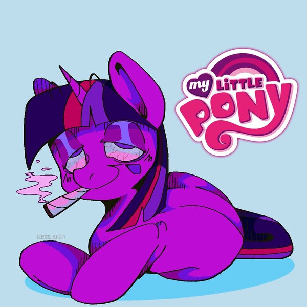 Size: 1080x1080 | Tagged: safe, artist:deviledlobster, derpibooru import, twilight sparkle, pony, unicorn, drugs, high, highlight sparkle, image, joint, jpeg, lying down, marijuana, smiling, smoking, solo, unicorn twilight