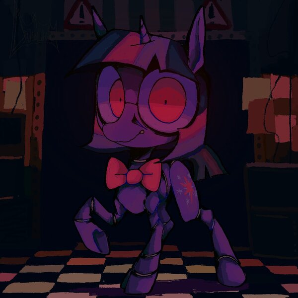 Size: 1080x1080 | Tagged: safe, artist:deviledlobster, derpibooru import, twilight sparkle, pony, unicorn, animatronic, bowtie, crossover, five nights at freddy's, image, jpeg, looking at you, solo, unicorn twilight