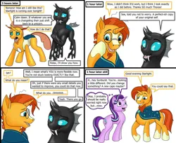 Size: 1280x1043 | Tagged: safe, artist:termyotter, derpibooru import, starlight glimmer, sunburst, thorax, changedling, changeling, pony, unicorn, 4 panel comic, atg 2023, changedlingified, changelingified, comic, dialogue, disguise, disguised changeling, grin, handsome, image, jpeg, newbie artist training grounds, open mouth, shapeshifting, simple background, smiling, species swap, speech bubble, thought bubble, white background