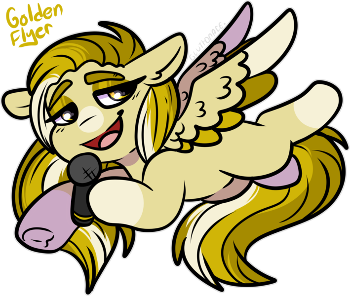 Size: 1785x1511 | Tagged: safe, artist:sexygoatgod, derpibooru import, oc, oc:golden flyer, unofficial characters only, pegasus, pony, adoptable, chibi, female, image, microphone, png, sale, simple background, solo, transparent background