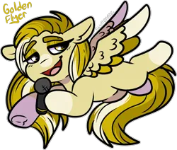 Size: 1785x1511 | Tagged: safe, artist:sexygoatgod, derpibooru import, oc, oc:golden flyer, unofficial characters only, pegasus, pony, adoptable, chibi, female, image, microphone, png, sale, simple background, solo, transparent background