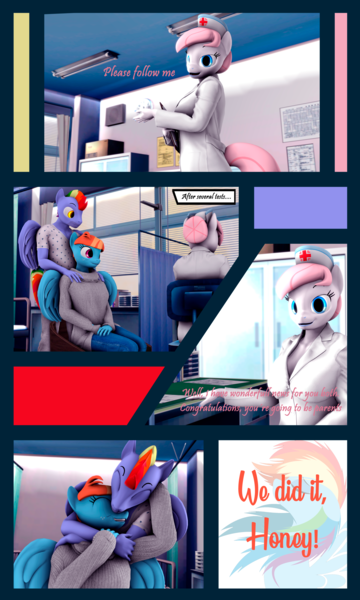 Size: 3000x5000 | Tagged: safe, artist:shadowuwu, derpibooru import, bow hothoof, nurse redheart, rainbow dash, windy whistles, anthro, 3d, and that's how rainbow dash was made, comic, commission, commissioner:nerothewizard, doctor's office, female, hug, hug from behind, image, male, png, pregnant, shipping, straight, wholesome, windyhoof