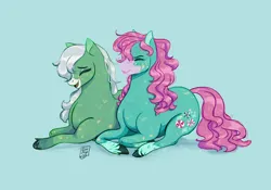 Size: 2048x1430 | Tagged: safe, artist:nightprince-art, derpibooru import, minty, minty (g1), earth pony, pony, g1, g3, bubblegum, duo, duo female, eyes closed, female, food, generational ponidox, gum, image, laughing, light blue background, lying down, mare, open mouth, open smile, png, prone, simple background, smiling, tail, unshorn fetlocks