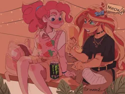 Size: 1440x1080 | Tagged: safe, artist:dreamz, derpibooru import, part of a set, pinkie pie, sunset shimmer, human, equestria girls, backpack, belt, bow, choker, clothes, drink, duo, ear piercing, energy drink, hair bow, image, jewelry, jpeg, monster energy, necklace, pants, piercing, ponytail, short shirt, shorts, speech bubble, sweater vest