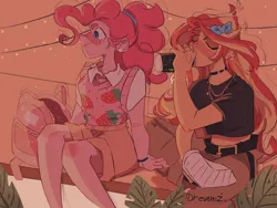 Size: 1440x1080 | Tagged: safe, artist:dreamz, derpibooru import, part of a set, pinkie pie, sunset shimmer, human, equestria girls, backpack, belt, bow, choker, clothes, drink, duo, ear piercing, energy drink, hair bow, image, jewelry, jpeg, monster energy, necklace, pants, piercing, ponytail, short shirt, shorts, sweater vest