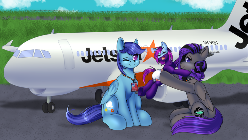 Size: 3840x2160 | Tagged: safe, artist:xcinnamon-twistx, derpibooru import, oc, oc:aeris strider, oc:marshy, oc:sierra nightingale, pegasus, baby, diaper, holding, horns, id card, image, macro, mask, plane, png