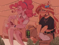 Size: 1440x1080 | Tagged: safe, artist:dreamz, derpibooru import, part of a set, pinkie pie, sunset shimmer, human, equestria girls, ..., backpack, belt, bow, choker, clothes, drink, duo, ear piercing, energy drink, hair bow, image, jewelry, jpeg, monster energy, necklace, pants, piercing, ponytail, short shirt, shorts, sweater vest