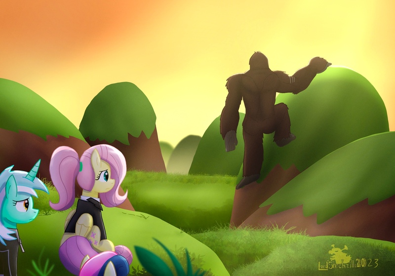 Size: 2525x1763 | Tagged: safe, artist:lordshrekzilla20, derpibooru import, bon bon, fluttershy, lyra heartstrings, sweetie drops, ape, kaiju, pegasus, unicorn, fanfic:a king to a god, image, jpeg, king kong