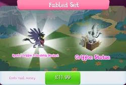 Size: 1266x856 | Tagged: safe, derpibooru import, official, gryphon, background griffon, bundle, clothes, costs real money, english, female, gameloft, georgia, image, jpeg, mobile game, my little pony: magic princess, numbers, sale, scarf, solo, solo focus, spread wings, statue, text, wings