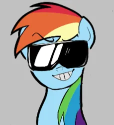 Size: 679x742 | Tagged: safe, artist:ponconcarnal, derpibooru import, rainbow dash, pegasus, pony, bust, image, looking at you, png, simple background, smiling, solo, sunglasses, teeth