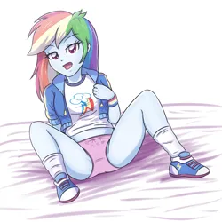 Size: 3543x3543 | Tagged: suggestive, artist:sumin6301, derpibooru import, edit, rainbow dash, equestria girls, bed, blue sneakers, breasts, busty rainbow dash, clothes, cutie mark, cutie mark on clothes, holding onto jacket, image, leaning back, looking at you, multicolored hair, open mouth, pink panties, pink underwear, png, rainbow hair, shoes, simple background, sitting, socks, sports panties, spread legs, spreading, stupid sexy rainbow dash, underwear, white socks, words on panties
