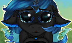 Size: 2160x1285 | Tagged: safe, artist:ondrea, derpibooru import, oc, oc:sinari, changeling, changeling queen, begging, big eyes, blue changeling, cute, eyebrows, eyebrows visible through hair, facial markings, female, image, png, solo