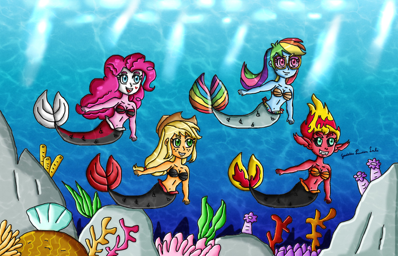 Size: 1550x1000 | Tagged: safe, artist:ninpeachlover, derpibooru import, applejack, pinkie pie, rainbow dash, sunset shimmer, demon, mermaid, equestria girls, bra, clothes, coral, coral reef, cowboy hat, fins, fish tail, goggles, hat, image, jpeg, mermaid tail, mermaidized, mermay, rock, seashell bra, smiling, species swap, strapless, sunset satan, swimming, tail, underwater, underwear, water