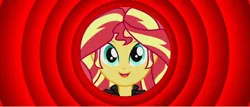 Size: 700x299 | Tagged: safe, artist:mlpfan3991, derpibooru import, sunset shimmer, human, equestria girls, friendship through the ages, female, image, jpeg, looking at you, looney tunes, smiling, that's all folks, warner brothers