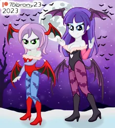 Size: 1678x1872 | Tagged: safe, artist:tabrony23, derpibooru import, rarity, sweetie belle, equestria girls, angry, boots, clothes, cosplay, costume, cute, darkstalkers, female, high res, image, lilith aensland, moon, morrigan aensland, night, png, sexy, shoes, smiling