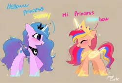 Size: 2048x1404 | Tagged: safe, artist:petaltwinkle, derpibooru import, izzy moonbow, princess celestia, princess luna, sunny starscout, alicorn, earth pony, pony, unicorn, g5, my little pony: a new generation, blushing, brown background, clothes, cosplay, costume, cute, dialogue, duo, eyes closed, fake wings, female, filly, filly izzy moonbow, filly sunny starscout, foal, image, izzybetes, jpeg, open mouth, open smile, race swap, signature, simple background, smiling, sunnybetes, sunnycorn, younger
