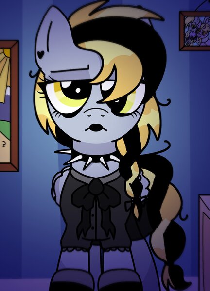 Size: 1474x2048 | Tagged: safe, artist:muffinmail2, derpibooru import, derpy hooves, pegasus, pony, alternate hairstyle, choker, frown, goth, hair over one eye, image, jpeg, looking at you, solo, spiked choker, unamused