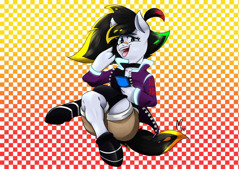 Size: 4961x3508 | Tagged: safe, artist:mekblue, derpibooru import, oc, oc:cipher wave, unofficial characters only, earth pony, hybrid, abstract background, clothes, cyberpunk, earth pony oc, image, kanji, mobile phone, phone, png, smartphone, socks, tongue out