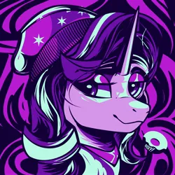 Size: 3600x3600 | Tagged: safe, artist:poxy_boxy, derpibooru import, starlight glimmer, pony, unicorn, abstract background, beanie, bust, clothes, commission, equestria girls outfit, female, hat, image, jpeg, lidded eyes, limited palette, mare, smiling, solo