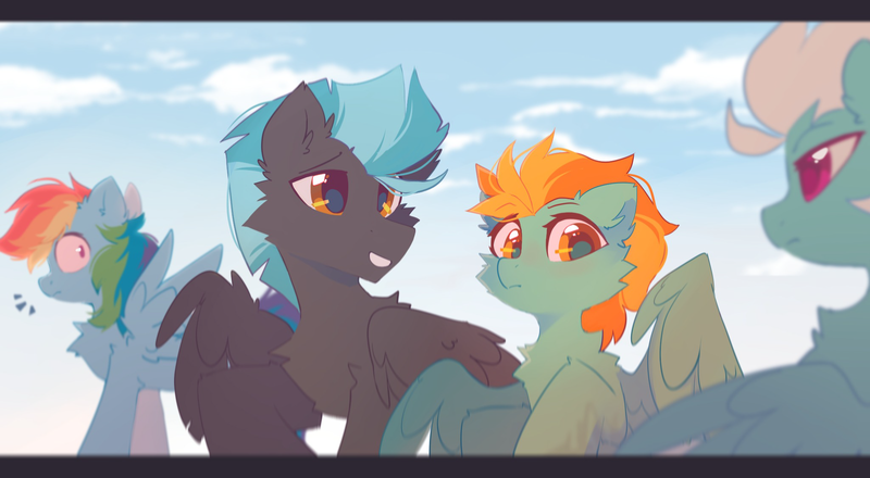 Size: 2048x1126 | Tagged: safe, artist:mirtash, derpibooru import, fleetfoot, lightning dust, rainbow dash, thunderlane, pegasus, pony, chest fluff, cloud, ear fluff, female, grin, image, male, mare, png, raised hoof, shipping, sky, smiling, stallion, straight, thunderdust