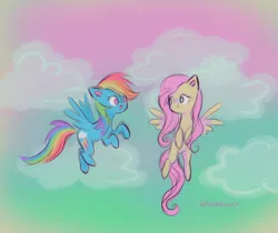 Size: 1280x1073 | Tagged: safe, artist:flutterberrypie, derpibooru import, fluttershy, rainbow dash, pegasus, pony, blushing, cloud, cute, excited, female, flutterdash, flying, green sky, hooves up, image, lesbian, looking at each other, looking at someone, open mouth, pink sky, png, shipping, shyabetes, sky, smiling, spread wings, wings