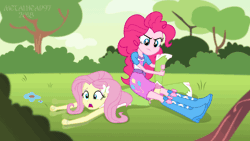 Size: 1200x675 | Tagged: suggestive, artist:metalhead97, derpibooru import, fluttershy, pinkie pie, equestria girls, animated, boots, clothes, equestria girls interpretation, gif, image, licking, reference, scene interpretation, shoes, shoes removed, sock removed, spongebob squarepants, the fry cook games, tongue out