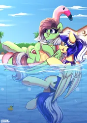 Size: 2650x3750 | Tagged: safe, artist:shadowreindeer, derpibooru import, oc, oc:animatedpony, oc:watermelon success, unofficial characters only, pegasus, clothes, commission, image, jpeg, pegasus oc, pool toy, rubber duck, swimming pool, swimsuit, tongue out, water, wings