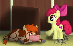 Size: 3082x1936 | Tagged: safe, artist:tidmouthmilk12, derpibooru import, apple bloom, oc, bull, cow, earth pony, pony, 2023, atg 2023, barn, bow, duo, grin, hair bow, horns, image, lying down, newbie artist training grounds, png, sad, signature, smiling