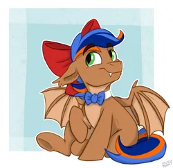 Size: 1800x1745 | Tagged: safe, artist:rutkotka, derpibooru import, oc, oc:fakka, unofficial characters only, bat pony, pony, abstract background, bat pony oc, bat wings, bow, bowtie, fangs, hair bow, image, male, pale belly, png, sitting, smiling, solo, spread wings, wings