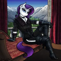 Size: 1500x1500 | Tagged: safe, artist:apocheck13, derpibooru import, rarity, anthro, unicorn, blue eyes, boots, castle, clothes, collar, ears, eyebrows, eyelashes, eyeliner, eyeshadow, female, gloves, horn, image, leaning, leaning back, leather, leather boots, looking at you, makeup, medieval, mountain, png, shirt, shoes, solo, tail, thigh boots, unicorn horn