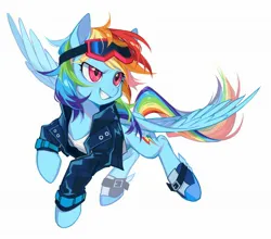 Size: 2048x1799 | Tagged: safe, artist:7hundredt, derpibooru import, rainbow dash, pegasus, pony, clothes, female, flying, goggles, image, jacket, jpeg, leather, leather jacket, mare, simple background, solo, white background