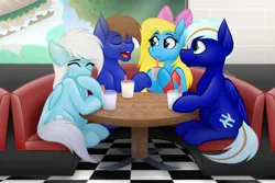 Size: 5400x3600 | Tagged: safe, artist:feather_bloom, derpibooru import, oc, oc:blueskies, oc:cuteamena, oc:electric blue, oc:featherbloom, earth pony, pegasus, pony, booth, bow, clothes, couples, detailed background, diner, double date, drink, drinking, hair bow, image, laughing, png, restaurant, shading, socks, table, window