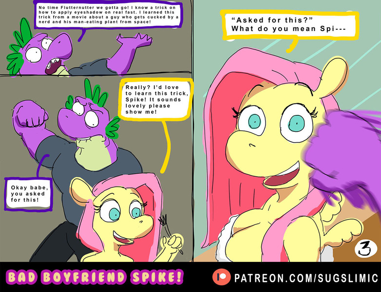 Size: 1200x921 | Tagged: suggestive, artist:sugslimic, derpibooru import, fluttershy, spike, anthro, dragon, pegasus, pony, comic:bad boyfriend spike!, adult, adult spike, breasts, cleavage, clothes, dialogue, duo, duo male and female, female, fist, flutterspike, g4, image, imminent abuse, imminent pain, indoors, jpeg, makeup brush, male, mare, mirror, muscles, muscular male, oblivious, older, older spike, open mouth, open smile, pants, patreon, patreon logo, sharp teeth, shipping, shirt, small wings, smiling, speech bubble, spread wings, straight, talking, teeth, towel, wings
