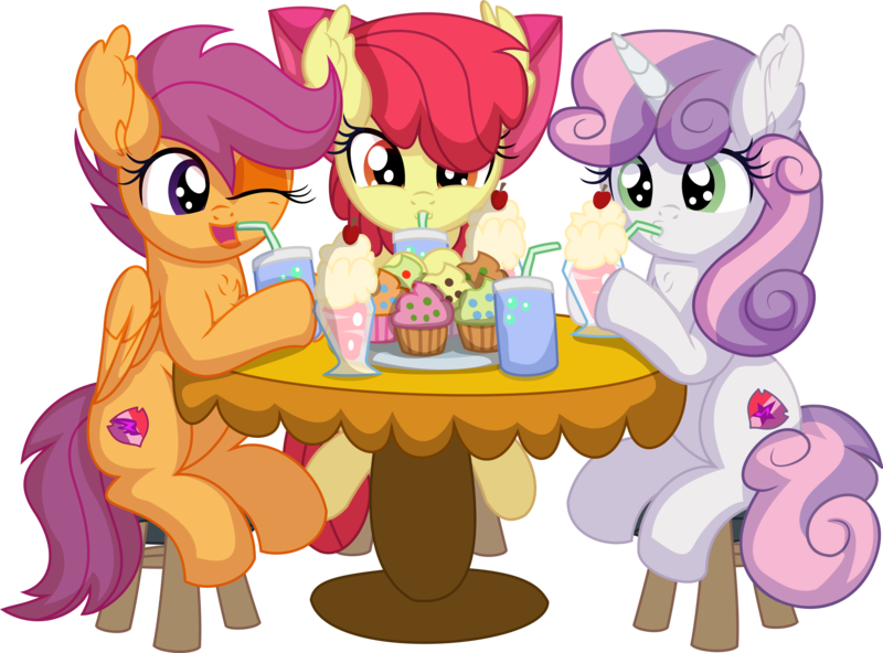 Size: 8536x6321 | Tagged: safe, artist:cyanlightning, derpibooru import, apple bloom, scootaloo, sweetie belle, earth pony, pegasus, pony, unicorn, .svg available, absurd resolution, apple bloom's bow, bow, chair, chest fluff, cupcake, drink, drinking, eating, female, filly, foal, food, hair bow, image, milkshake, open mouth, png, simple background, sitting, soda, table, tongue out, transparent background, vector