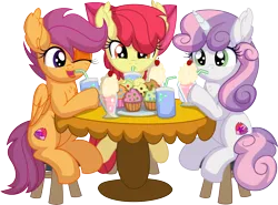 Size: 8536x6321 | Tagged: safe, artist:cyanlightning, derpibooru import, apple bloom, scootaloo, sweetie belle, earth pony, pegasus, pony, unicorn, .svg available, absurd resolution, apple bloom's bow, bow, chair, chest fluff, cupcake, drink, drinking, eating, female, filly, foal, food, hair bow, image, milkshake, open mouth, png, simple background, sitting, soda, table, tongue out, transparent background, vector
